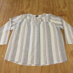 SPLENDID Linen Blend Blouse Size M Yoked Grey Purple White Strip Shirt Top NWT
